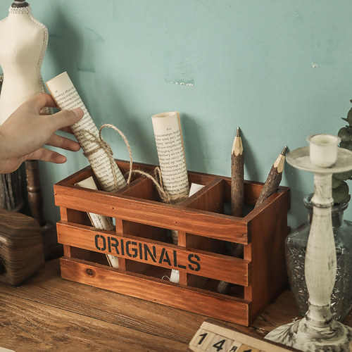 笔筒复古风办公桌实木化妆刷桶