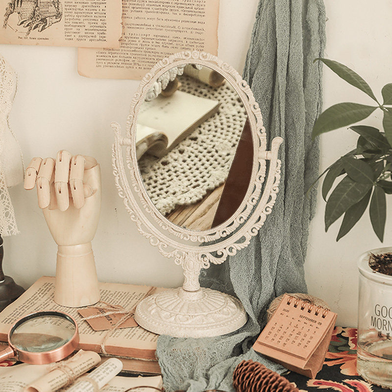 桌面镜子台式宿舍学生高清美妆镜复古公主化妆镜梳妆台双面镜宫廷