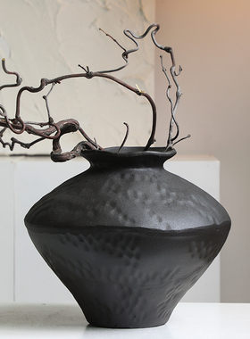 侘寂风黑色粗陶罐子新中式复古禅意陶瓷花瓶摆件民宿茶室酒店定制