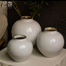 陶瓷花瓶复古新中式 白色圆肚陶艺摆件禅意插花艺干花民宿装 饰花器