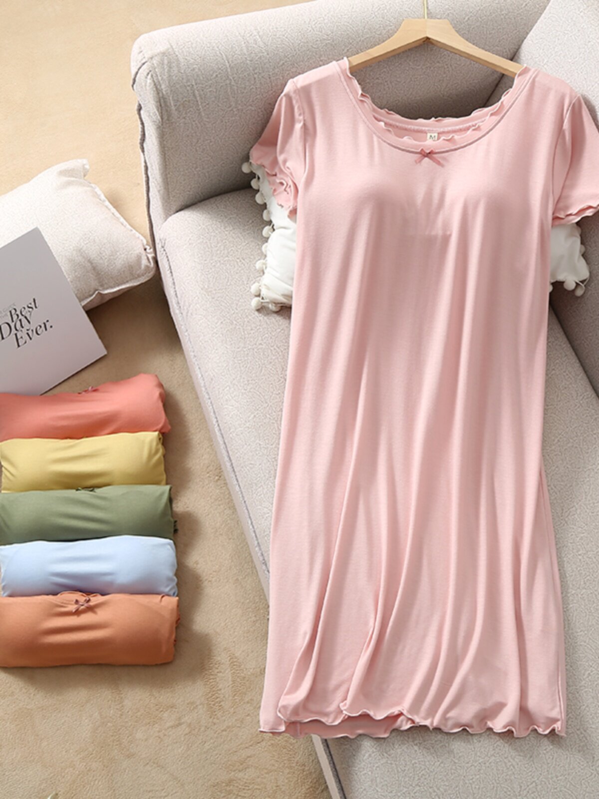 브라패드 내장 모달 나이트가운 여성용 반팔 여름 얇은 잠옷 쿨컵 올인원 브라 홈웨어