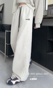 yidali休闲裤女秋季新款直筒裤阔腿长裤灰白色学生高个子字母抽绳