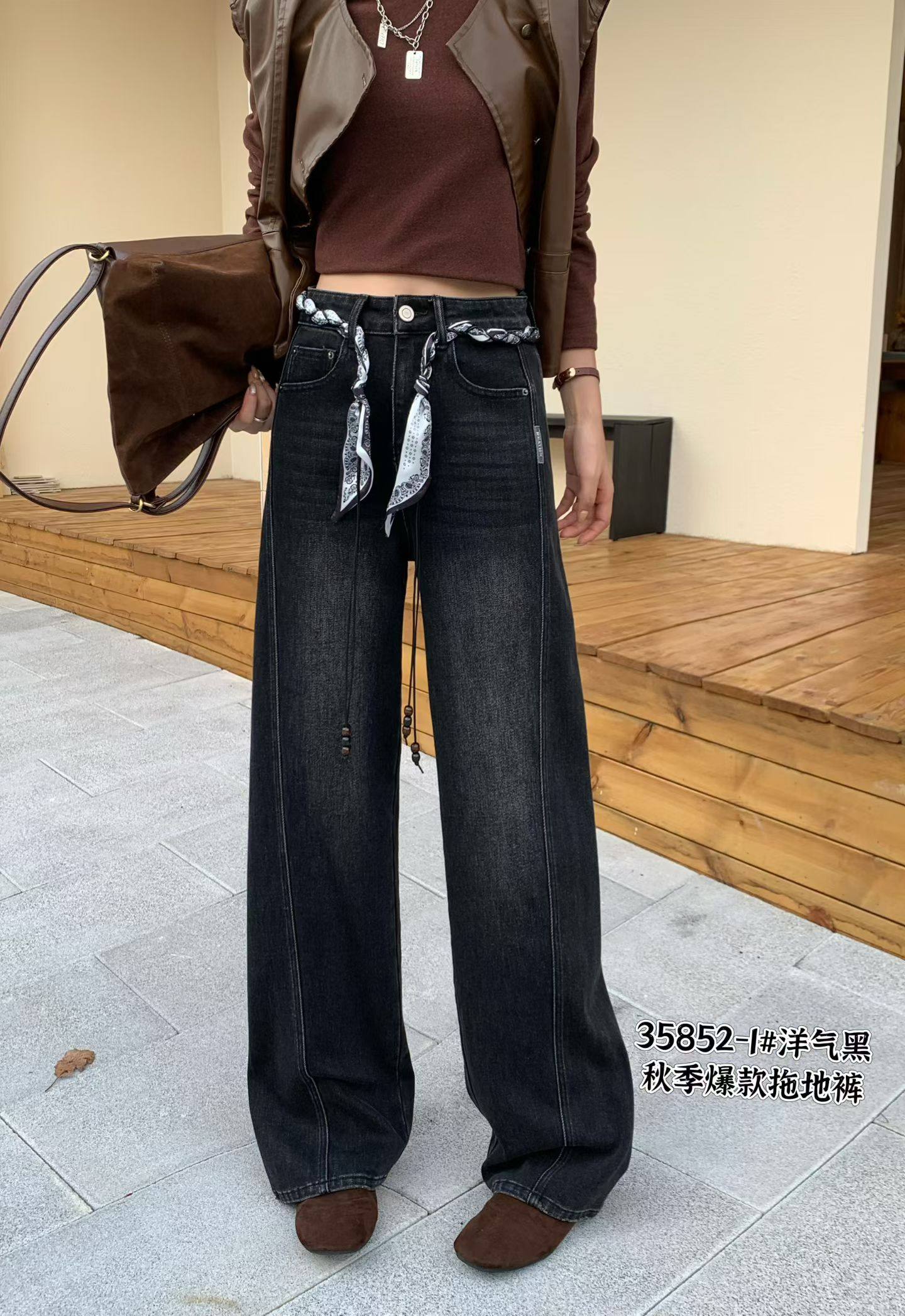 三人行35852牛仔裤女2025秋窄版真筒裤高腰腰带长裤子女广州原版