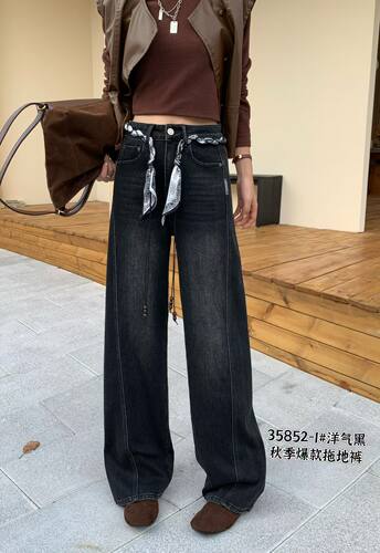 三人行35852牛仔裤女2025秋窄版真筒裤高腰腰带长裤子女广州原版
