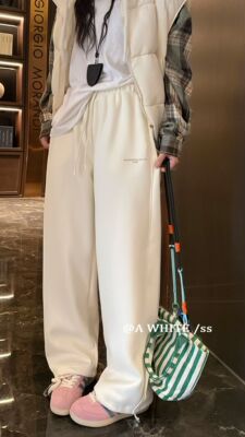 awhite卫裤K306冬季新款休闲宽松阔腿直筒抽绳松紧腰两穿加绒加厚