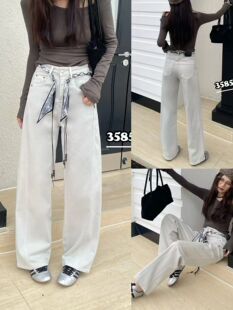 三人行35852水泥灰牛仔裤2025秋季窄版真筒裤长裤广州原版拖地裤