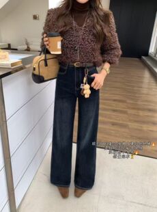 9863ouc欧创高腰阔腿牛仔裤女2025冬新款窄版宽松拖地裤加绒加厚