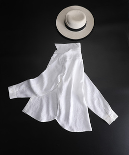 尖领纯亚麻白色衬衫女长袖宽松麻料衬衣慵懒风防晒上衣短款外穿春