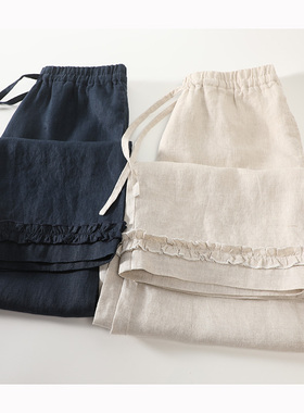 纯亚麻阔腿裤女薄款夏9分直筒裤胖mm大码雨露麻防蚊裤松弛感裤子