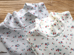 小衫 打底衫 大码 230克复古甜美春秋柔软半高领纯棉小碎花T恤女长袖