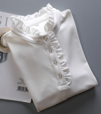 长袖棉木耳领白色设计感