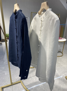 棉麻上衣复古 女长袖 法国进口小众设计中式 国风立领盘扣纯亚麻衬衫