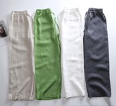 女春夏薄款 直筒麻料长裤 高腰九分休闲裤 亚麻阔腿裤 白绿灰色防蚊裤