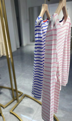 长袖日系薄条纹竹节棉女柔软透气