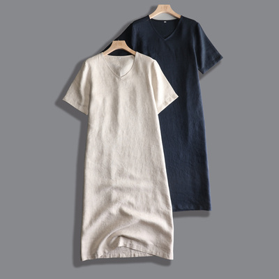 纯亚麻V领连衣裙子女夏薄直筒裙