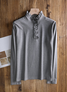 内搭衬衣 上衣设计感洋气针织棉弹力长袖 灰色木耳领衬衫 女春秋大码