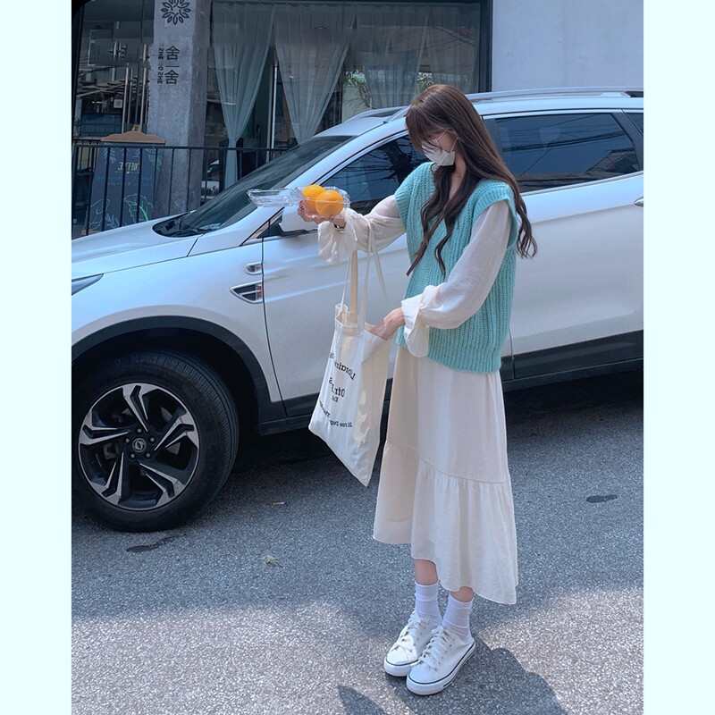 大码女装时尚套装秋季新款宽松遮肉外穿马甲毛衣连衣裙子两件套潮