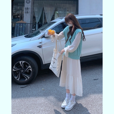 大码女装时尚套装秋季新款宽松遮肉外穿马甲毛衣连衣裙子两件套潮