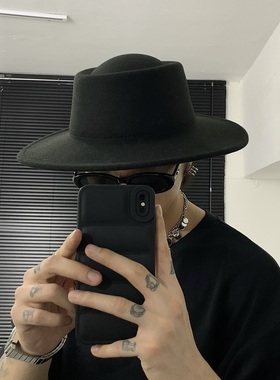 大头围复古黑色毛呢礼帽法式英伦复古绅士爵士帽平顶百搭大檐帽子