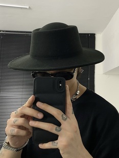 大头围复古黑色毛呢礼帽法式英伦复古绅士爵士帽平顶百搭大檐帽子