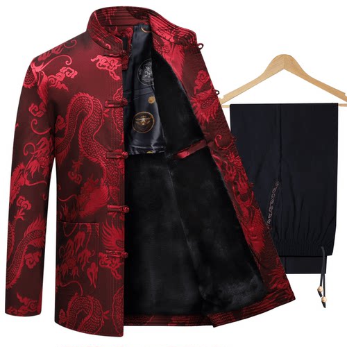 中老年人男士加绒加厚唐装男爸爸冬季棉服外套中国风爷爷棉衣套装