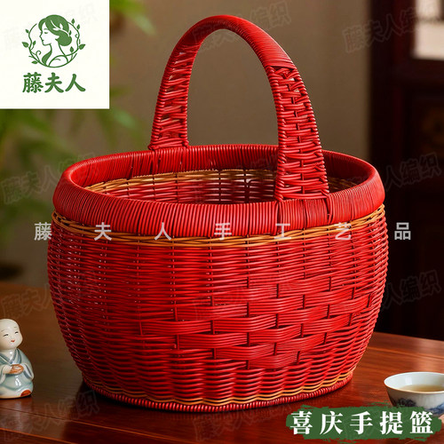手工编织中国红手提买菜篮大容量