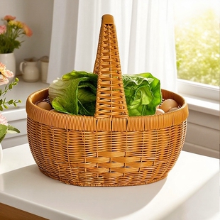 手提买菜篮子户外野餐家用采摘收纳元宝藤编购物筐复古椭圆水果篮