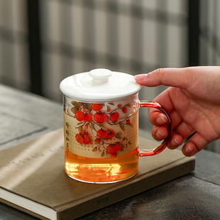 柿柿如意熊猫玻璃白瓷茶杯茶水分离泡茶杯带盖过滤伴手礼定制logo