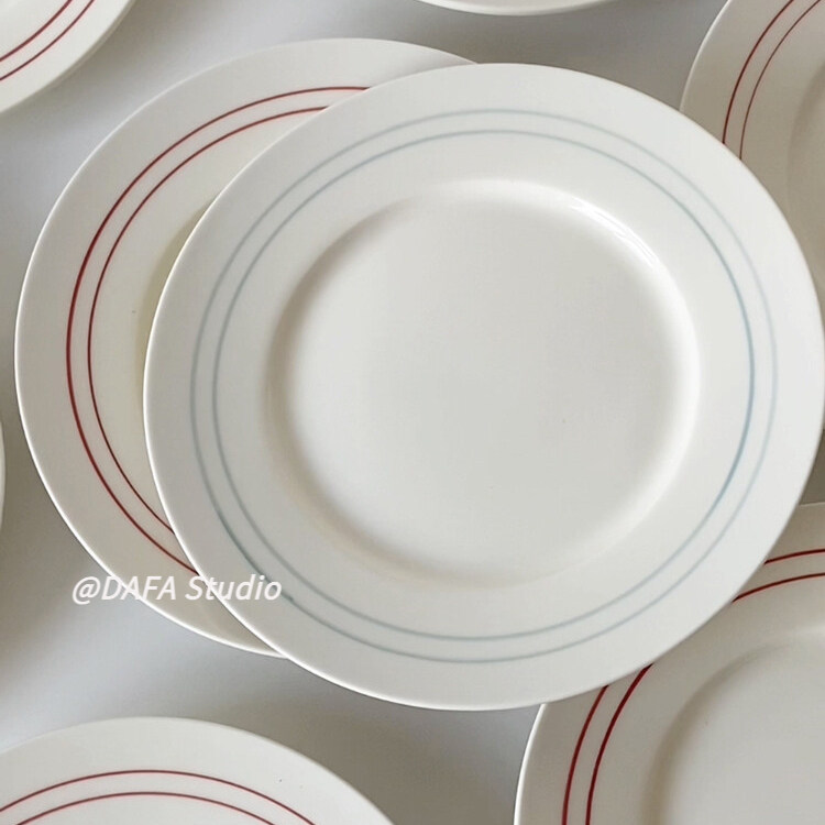 韩式ins风简约红色蓝色线条博主同款甜品简餐平盘家用餐具菜盘,餐饮具,盘,淘宝优惠券,粉丝福利购,淘宝优惠卷
