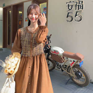 法式小香风假两件连衣裙女2025春季新款气质名媛收腰显瘦爆款长裙,女装连衣裙,叁秋一裳