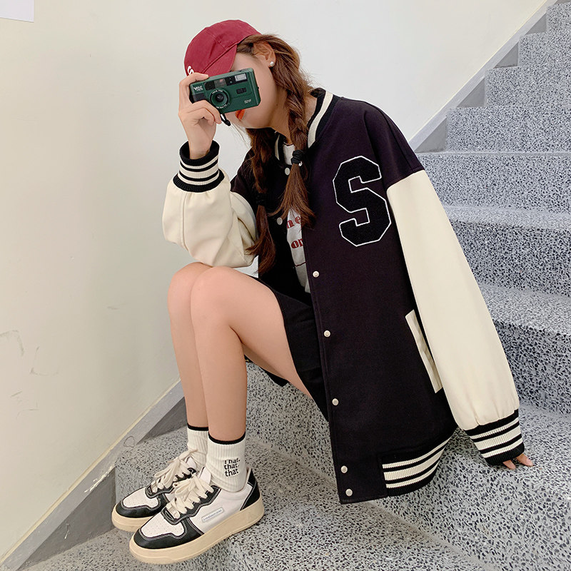 黑色美式棒球服外套女2023春秋新款韩版休闲宽松情侣百搭夹克上衣图片
