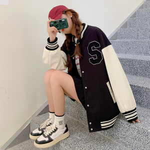 黑色美式棒球服外套女2023春秋新款韩版休闲宽松情侣百搭夹克上衣图片