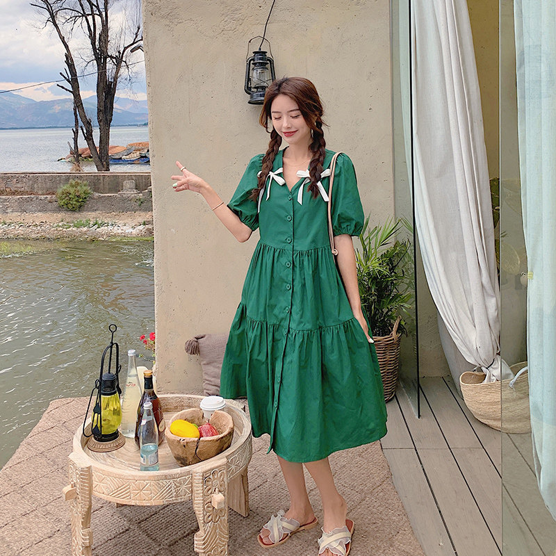现货法式浪漫气质蝴蝶结V领连衣裙119-8090-P95K138,女装连衣裙,叁秋一裳