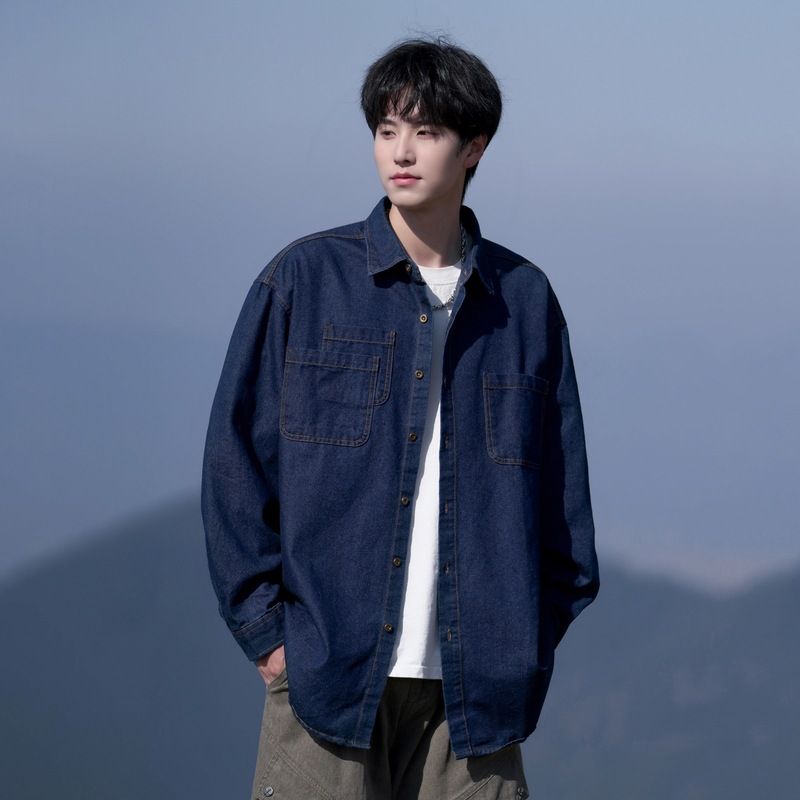 2025深蓝色翻领牛仔衬衫外套男春秋季痞帅感复古工装休闲上衣