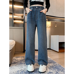 时尚百搭女大童加绒裤子秋冬装新款初中生女孩窄版阔腿保暖牛仔