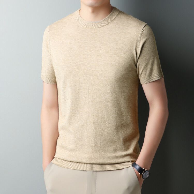 2025高端可机洗短袖羊毛衫男士秋季薄款半袖针织衫贴身不扎半截袖