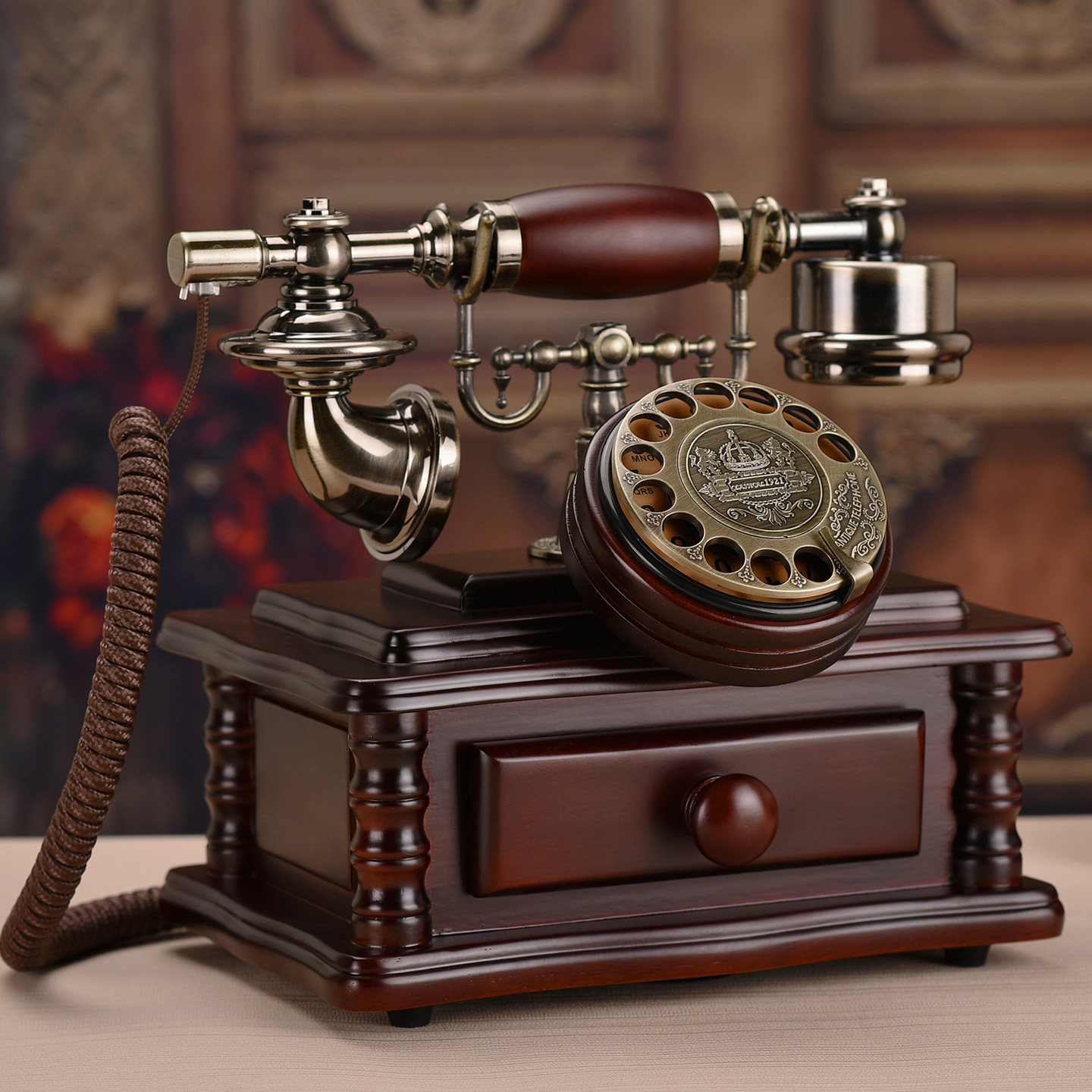 实木仿古电话机无线插卡欧式复古金属转盘电话家用酒店办公座机