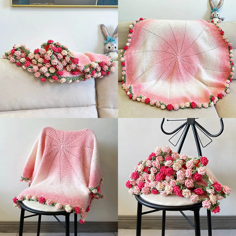 渐变花束毯子玫瑰花编织diy毛毯材料包魔法球蛋糕线花朵手工盖毯