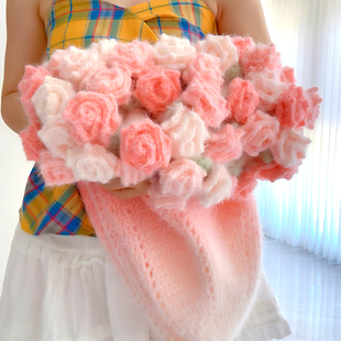 渐变色玫瑰花束毯子diy毛毯编织毛线雪妃尔魔法球羽毛材料包手织