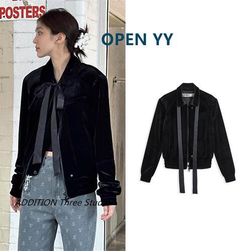 韩国正品 OPEN YY 24秋款翻领飘带后背蝴蝶结天鹅绒拉链夹克外套