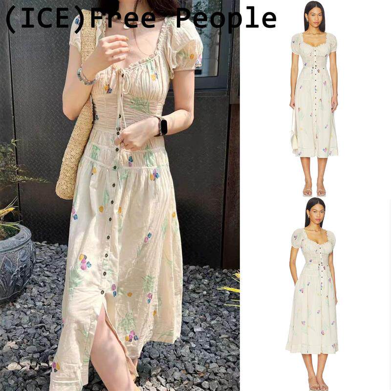 ice买手店正品Free People长裙26新款褶皱花卉泡泡袖系扣洋装女
