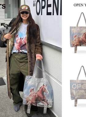 正品OPEN YY 韩国品牌马年限定小马印花大容量托特包女