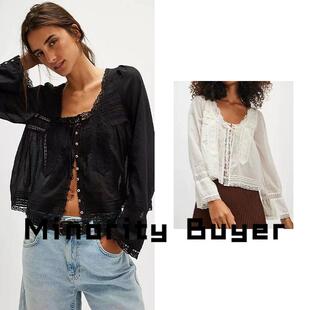 现货 买手店 Free People 法式复古蕾丝拼接轻薄花边长袖衬衫女