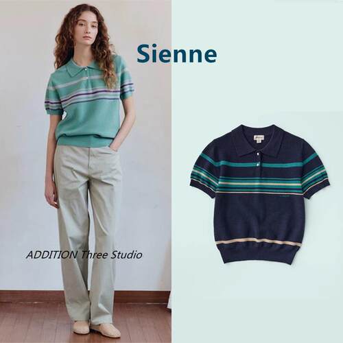 韩国 Sienne 25春夏新款复古撞色条纹POLO领宽松套头短袖针织衫女