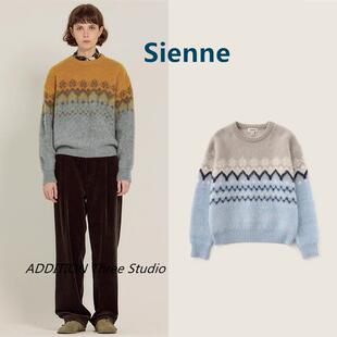 韩国 Sienne 24秋冬新款复古拼色雪花圆领宽松套头针织毛衣女