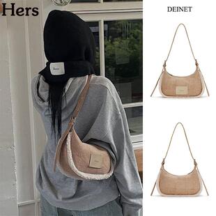 正品DEINET 韩国设计品牌麂皮羊羔毛月牙形单肩腋下包女
