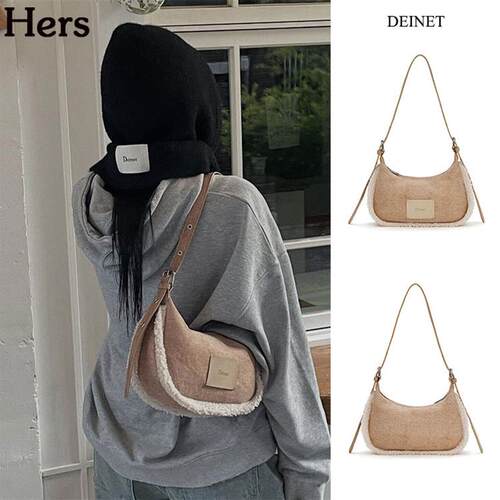 正品DEINET 韩国设计品牌麂皮羊羔毛月牙形单肩腋下包女