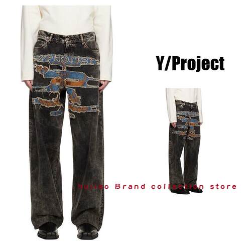 糊椒 澳洲正品 Y/PROJECT 水洗做旧补丁刺绣宽松阔腿牛仔长裤