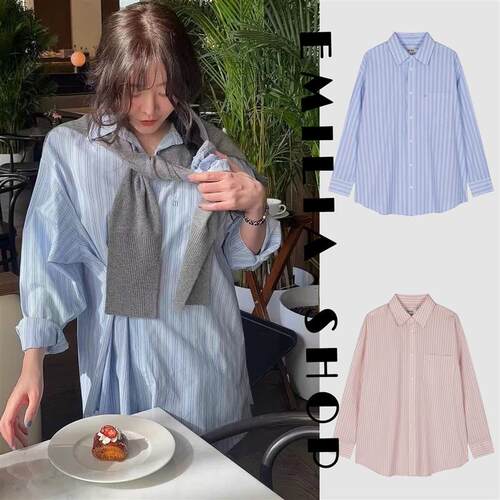 买手店折扣正品GROVE衬衫26早春新款刺绣宽松条纹系扣侧扣衬衣女
