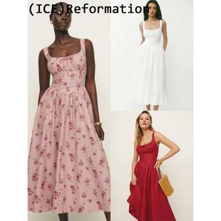 Ice買手店正品 Reformation連衣裙春夏碎花方領(lǐng)蝴蝶結(jié)亞麻吊帶長裙